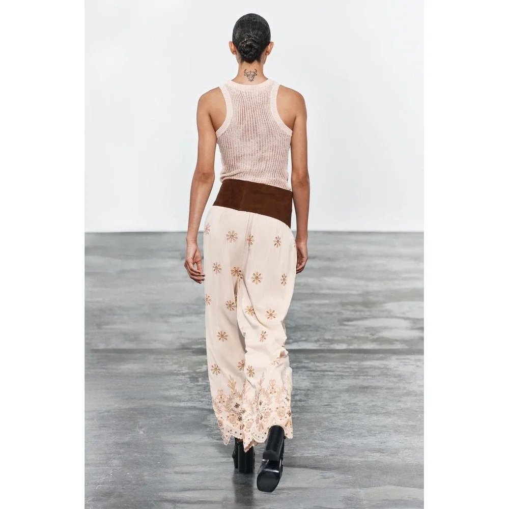 ZARA Embroidered Floral Wide Leg‎ Pants Beige Drawstring Size XS New